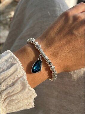 Silver Plated Faced Crystal Beaded Bracelet Blue Stainless steel Womens Jewelry